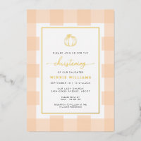 Pumpkin Peach Gingham Christening Foil Einladung