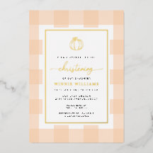 Pumpkin Peach Gingham Christening Foil Einladung