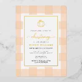 Pumpkin Peach Gingham Christening Foil Einladung