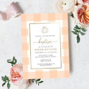 Pumpkin Peach Gingham Taufe Gold Foil Einladung