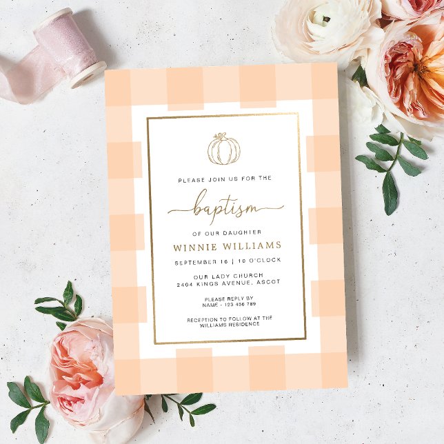 Pumpkin Peach Gingham Taufe Gold Foil Einladung (Von Creator hochgeladen)