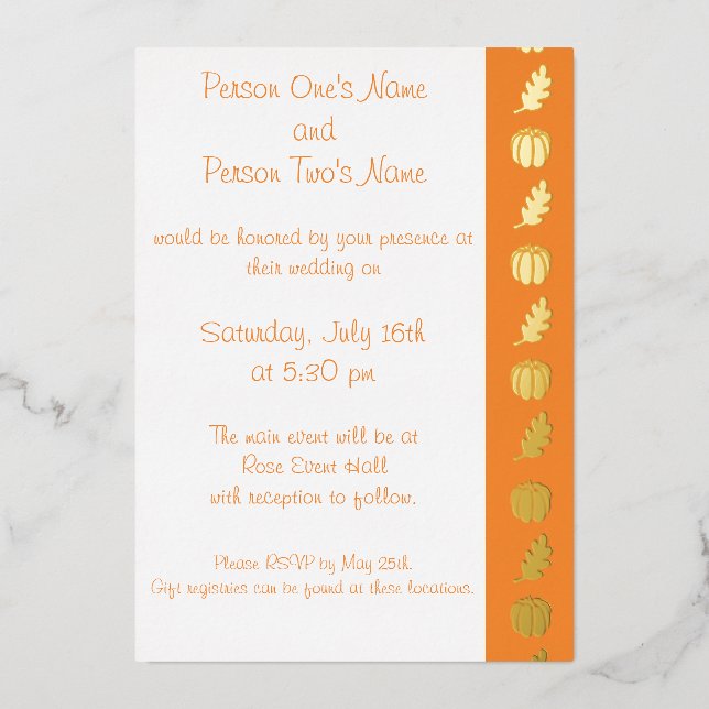 Pumpkin-Pflaster in Orange Foil Einladung (Vorderseite)