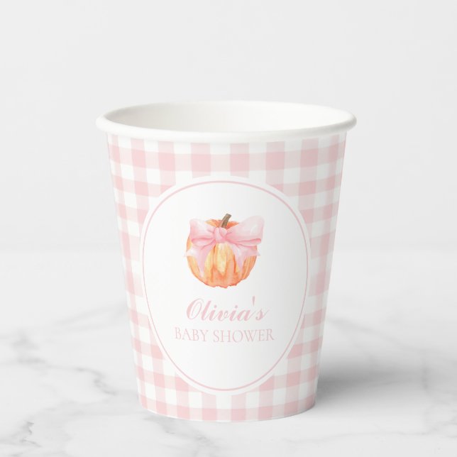Pumpkin Pink-Bogen und Gingham-Babydusche Pappbecher (Vorderseite)