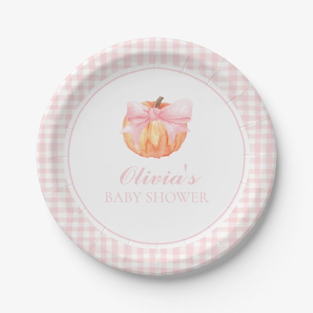 Pumpkin Pink-Bogen und Gingham-Babydusche Pappteller (Vorderseite)