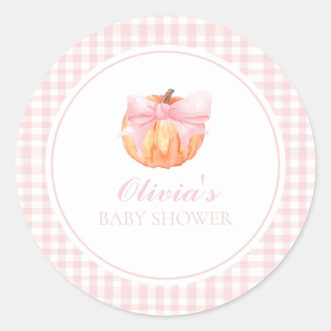 Pumpkin Pink-Bogen und Gingham-Babydusche Runder Aufkleber (Vorderseite)