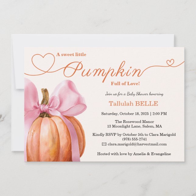 Pumpkin Pink Bow Baby Showkarte Einladung (Vorderseite)