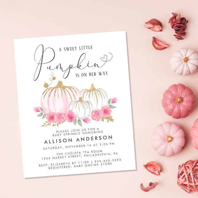 Pumpkin Pink Floral Baby Girl Sprinkle Einladung (Celebrate the upcoming arrival of your sweet autumn baby girl with a pumpkin-themed baby sprinkle)