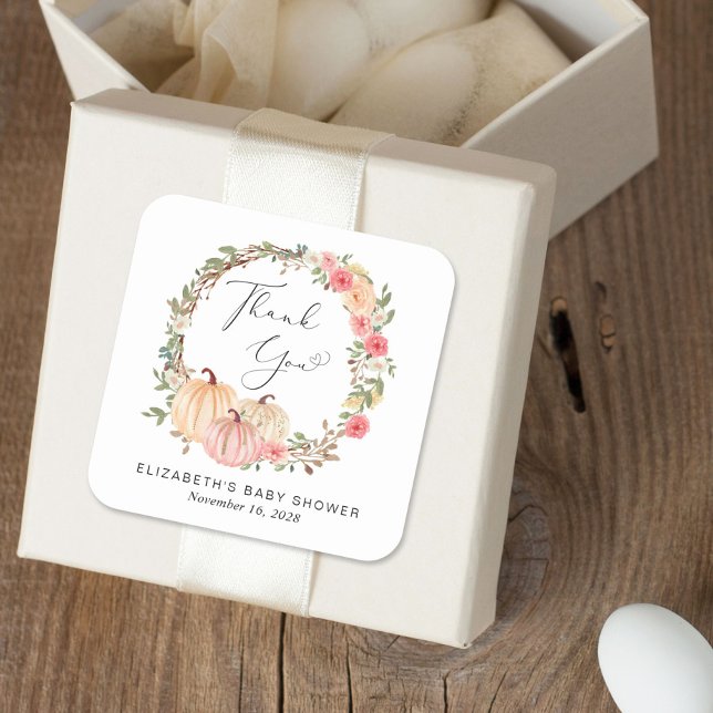 Pumpkin Pink Floral Girl Babydusche Danke Quadratischer Aufkleber (Von Creator hochgeladen)