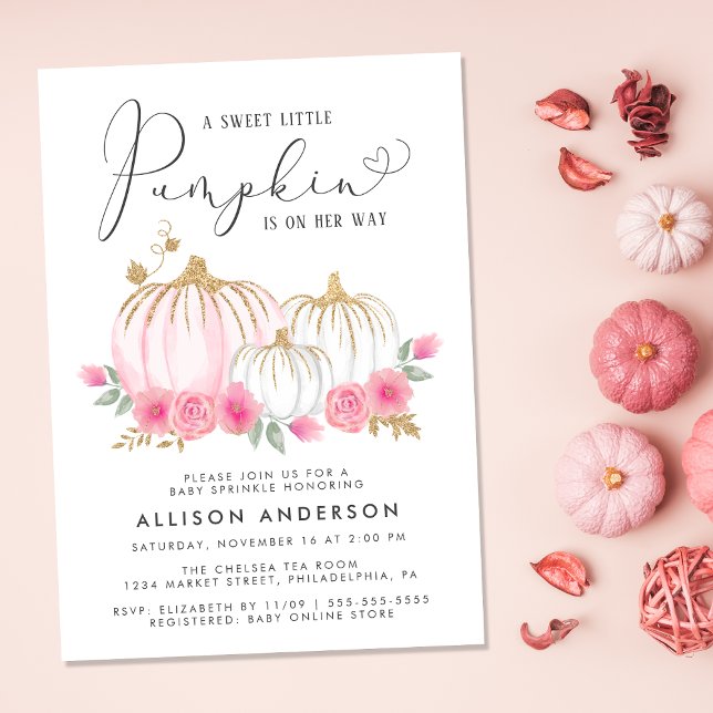 Pumpkin Pink Floral Watercolor Baby Girl Sprinkle Einladung (Celebrate the upcoming arrival of your sweet autumn baby girl with a pumpkin-themed baby sprinkle)