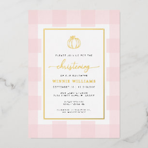 Pumpkin Pink Gingham Christening Foil Einladung