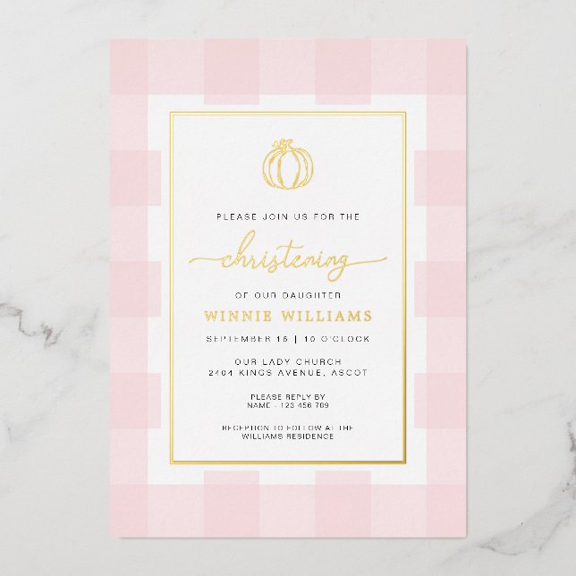Pumpkin Pink Gingham Christening Foil Einladung (Vorderseite)