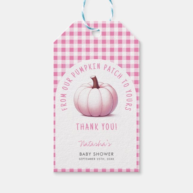 Pumpkin Pink Gingham Kariert Baby Girl Baby Dusche Geschenkanhänger (Vorderseite)