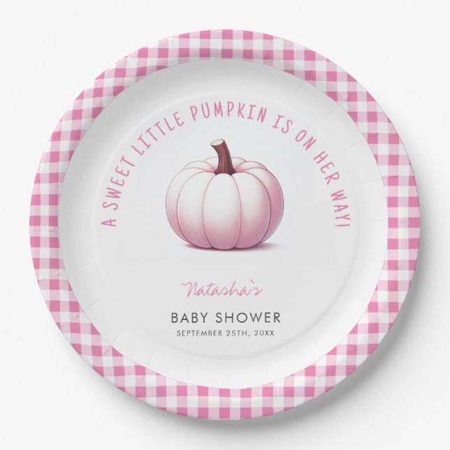 Pumpkin Pink Gingham Kariert Baby Girl Baby Dusche Pappteller (Vorderseite)