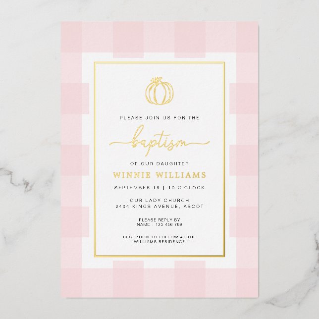 Pumpkin Pink Gingham Taufe Gold Foil Einladung (Vorderseite)