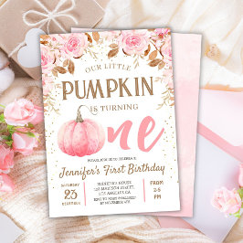 Pumpkin Pink & Gold Girl Floral Herbst 1. Geburtst Einladung