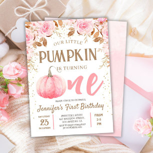 Pumpkin Pink & Gold Girl Floral Herbst 1. Geburtst Einladung