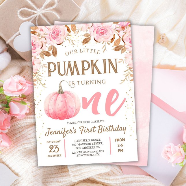 Pumpkin Pink & Gold Girl Floral Herbst 1. Geburtst Einladung (Von Creator hochgeladen)