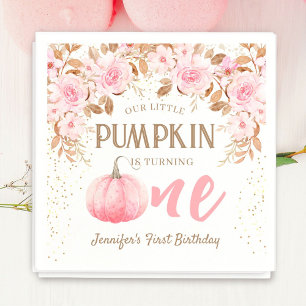 Pumpkin Pink & Gold Girl Floral Herbst 1. Geburtst Serviette