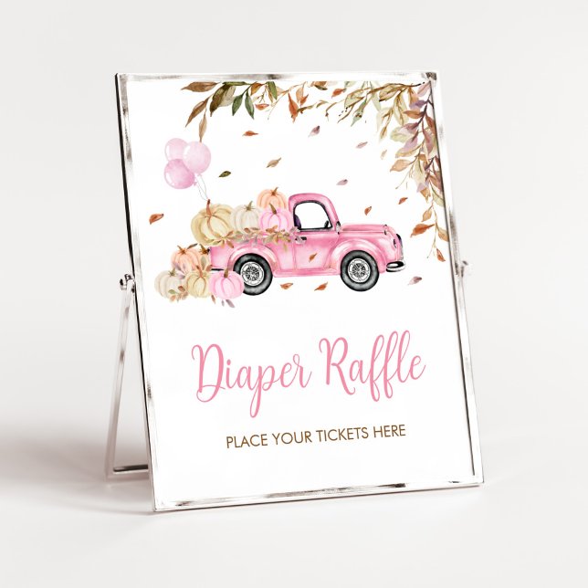 Pumpkin Pink Truck Diaper Raffle Baby Dusche Poster (Little Pumpkin Pink Truck Baby Shower Diaper Raffle Sign)