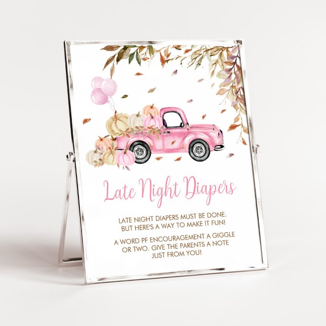 Pumpkin Pink Truck Spate Night Diapers Babydusche Poster (Little Pumpkin Pink Truck Baby Shower Late Night Diapers Sign)