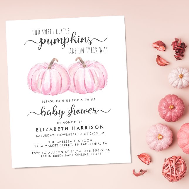 Pumpkin Pink Twin Baby Girls Dusche Einladung (Celebrate the upcoming arrival of your autumn twin baby girls with a pumpkin-themed baby shower)