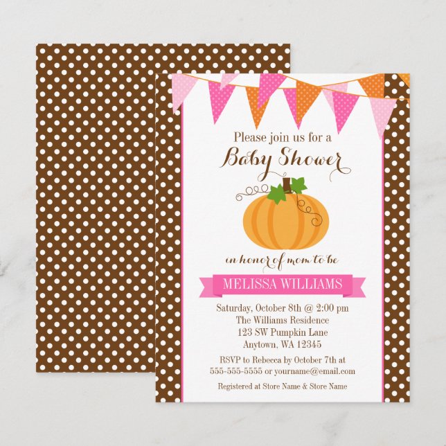 Pumpkin Polka Dot Bunting Girl Fall Babydusche Einladung (Vorne/Hinten)