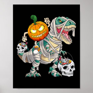 Pumpkin Riding Mummy Dinosaur T rex Halloween Funn Poster