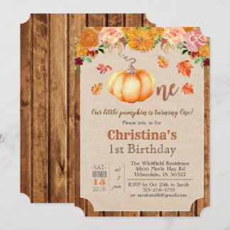 Pumpkin Rustic Blätter Wood 1. Geburtstag Einladun Einladung