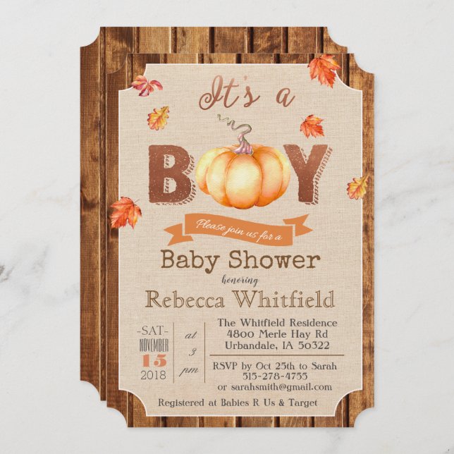 Pumpkin Rustic Blätter Wood Baby Dusche Einladung (Vorne/Hinten)