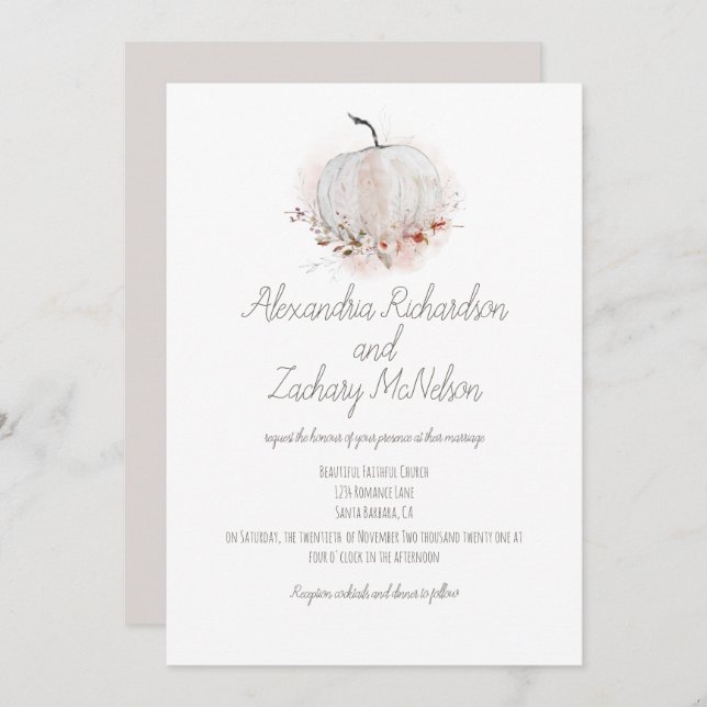 Pumpkin Rustic Fall Watercolor Wedding Einladung (Vorne/Hinten)