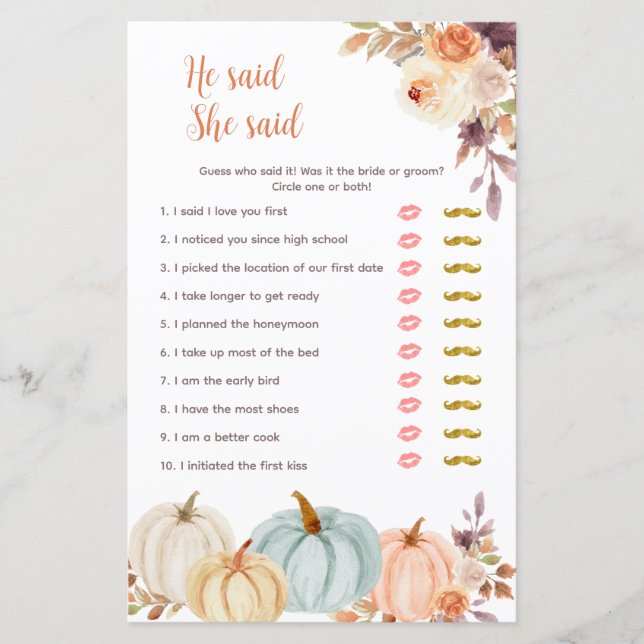 Pumpkin Rustic Floral Er sagte, sie sagte Game Car (Vorderseite)