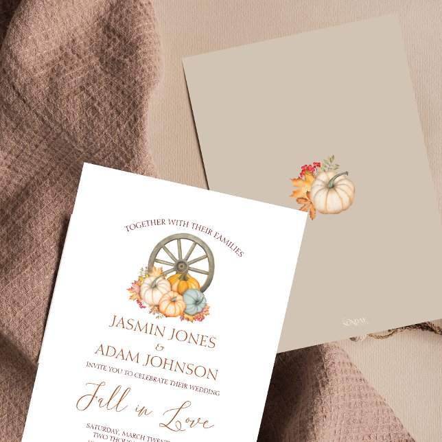 Pumpkin Rustic Herbst Ernterad Hochzeit Einladung (Fall in Love Autumn Fall Harvest Pumpkins Wedding Invitation)