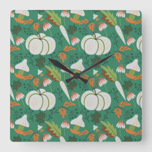 Pumpkin seamless pattern carrots and mushrooms quadratische wanduhr