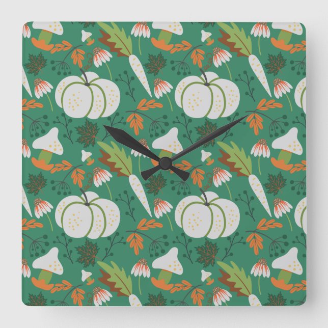 Pumpkin seamless pattern carrots and mushrooms quadratische wanduhr (Vorderseite)