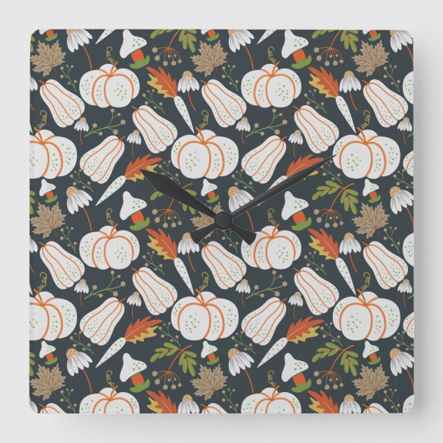 Pumpkin seamless pattern floral black and white quadratische wanduhr (Vorderseite)