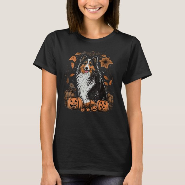 Pumpkin Shetland Sheepdog costume on Sheltie Hallo T-Shirt (Vorderseite)