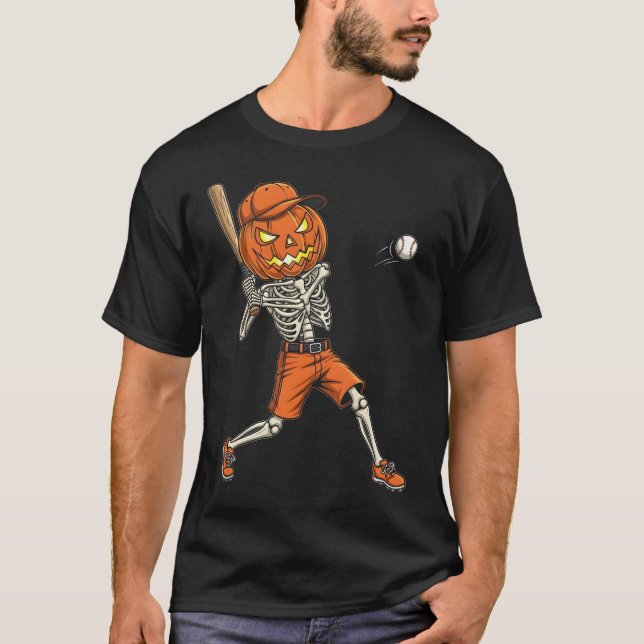 Pumpkin Skeleton Batting Baseball Funny Halloween  T-Shirt (Vorderseite)
