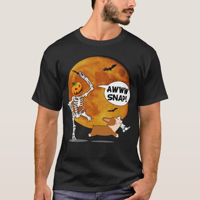 Pumpkin Skeleton Broken Leg Halloween Corgi T-Shirt (Vorderseite)