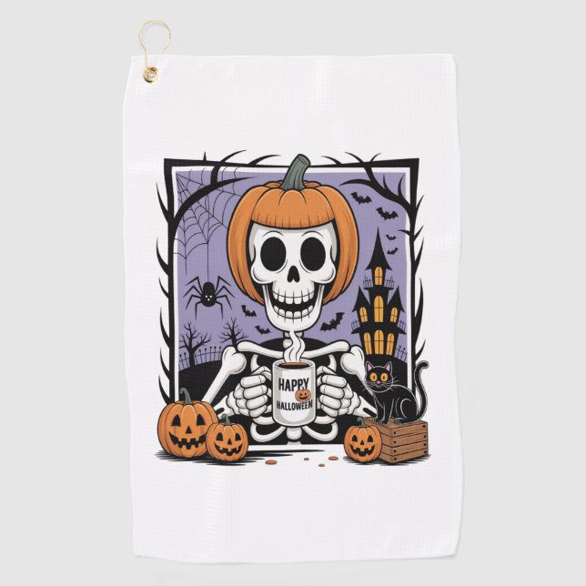 Pumpkin Skeleton trinken Kaffee Golfhandtuch (Vorderseite)