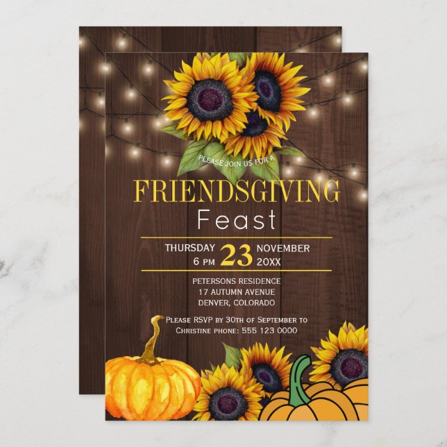 Pumpkin Sonnenblumen Rustic Barn Wood Freindsgivin Einladung (Vorne/Hinten)