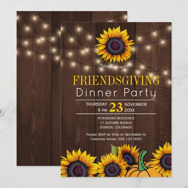 Pumpkin Sonnenblumen Rustic Barn Wood Friendsgivin Einladung (Vorne/Hinten)