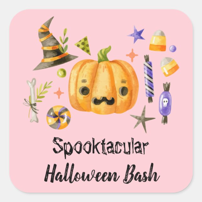 Pumpkin Spooktacular Halloween Bash Party Pink Quadratischer Aufkleber (Vorderseite)
