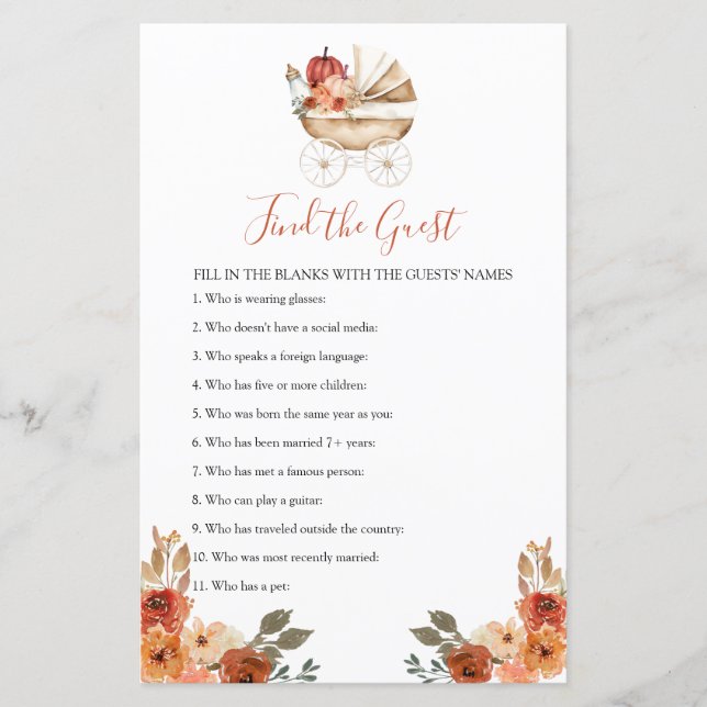 Pumpkin Stroller Floral Baby Shower Find The Guest (Vorderseite)