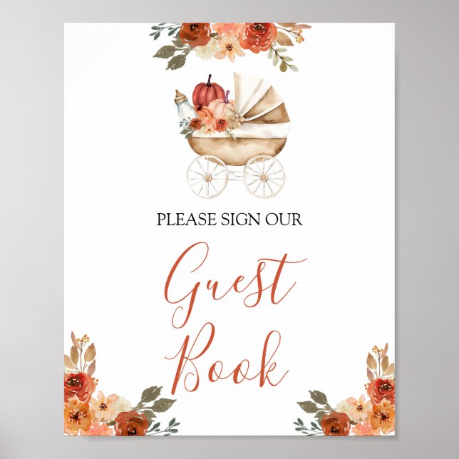 Pumpkin Stroller Floral Baby Shower Guest Book Poster (Vorne)