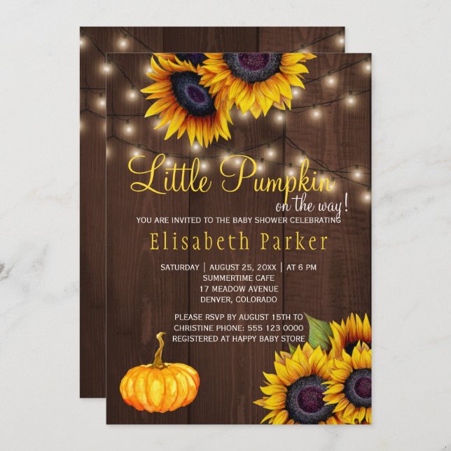 Pumpkin Sunflowers Rustic Barn Wood Baby Dusche Einladung (Vorne/Hinten)
