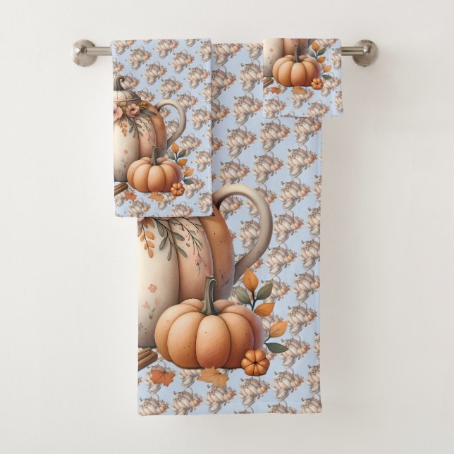 Pumpkin Teapot mit Fall Florals Illustration Badhandtuch Set (Insitu)