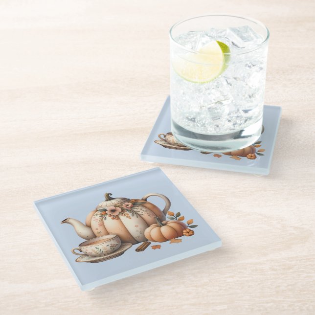 Pumpkin Teapot mit Fall Florals Illustration Glasuntersetzer (Schrägansicht)