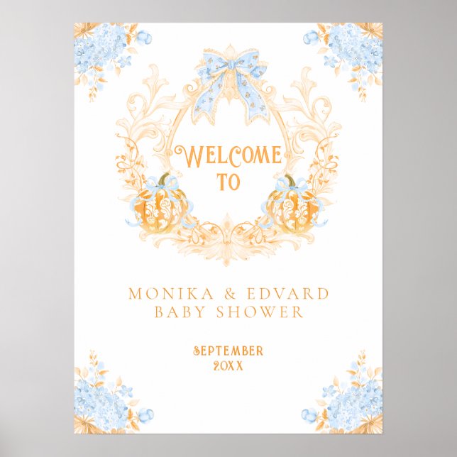 Pumpkin Toile Wappen Elegant Boy Baby Shower Poster (Vorne)