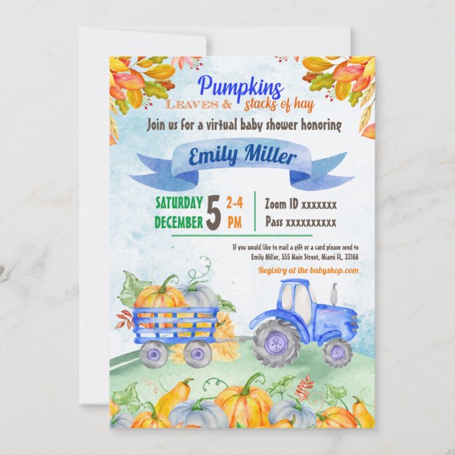 Pumpkin Traktor Virtual Baby Dusche Einladung (Vorderseite)