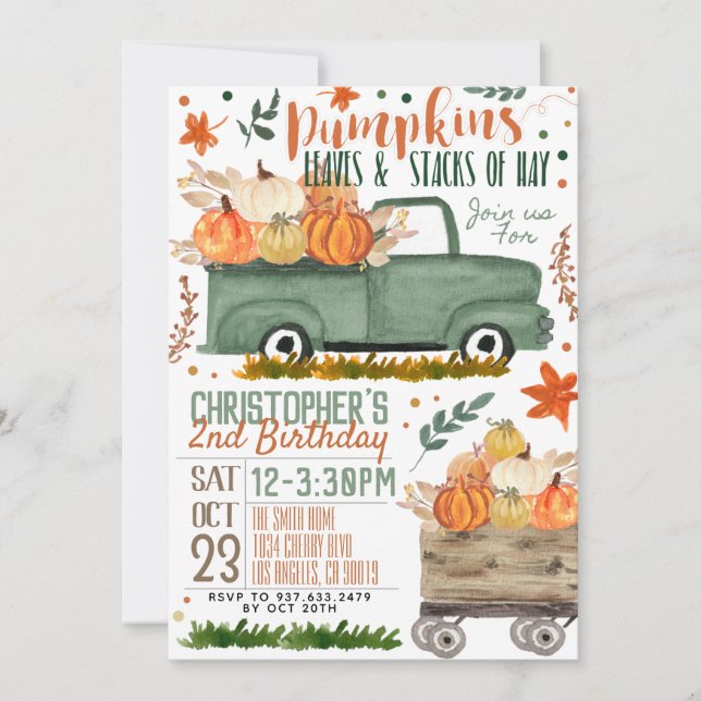 Pumpkin Truck Birthday Einladung (Vorderseite)